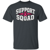 a dark heather grey graphic T-shirt with the words 'SUPPORT SQUAD' and a pink ribbon across the chest