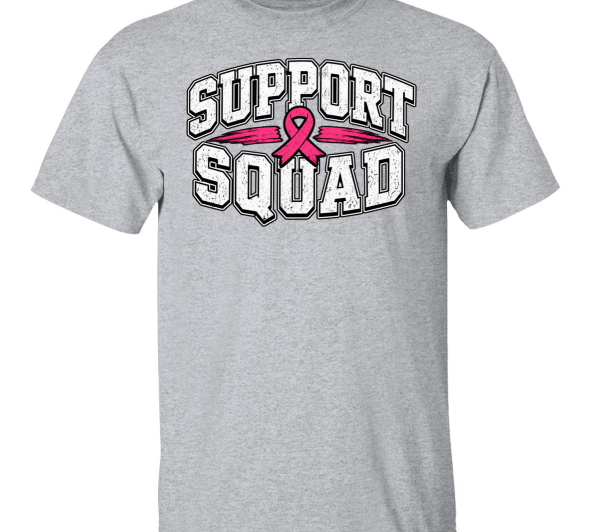 a heather grey graphic T-shirt with the words 'SUPPORT SQUAD' and a pink ribbon across the chest