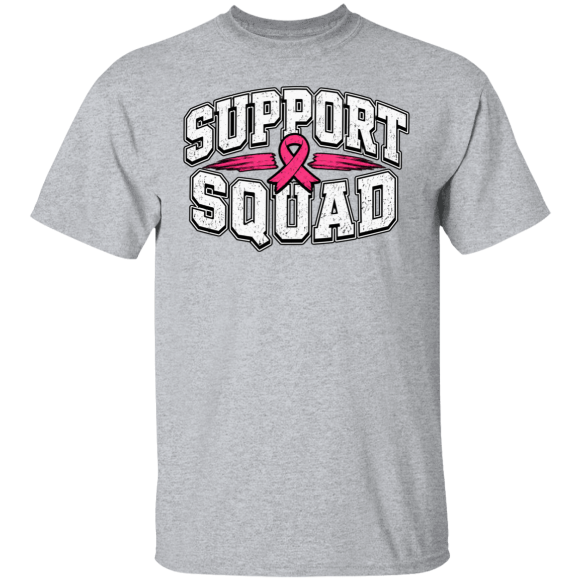 a heather grey graphic T-shirt with the words 'SUPPORT SQUAD' and a pink ribbon across the chest