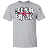 a heather grey graphic T-shirt with the words 'SUPPORT SQUAD' and a pink ribbon across the chest
