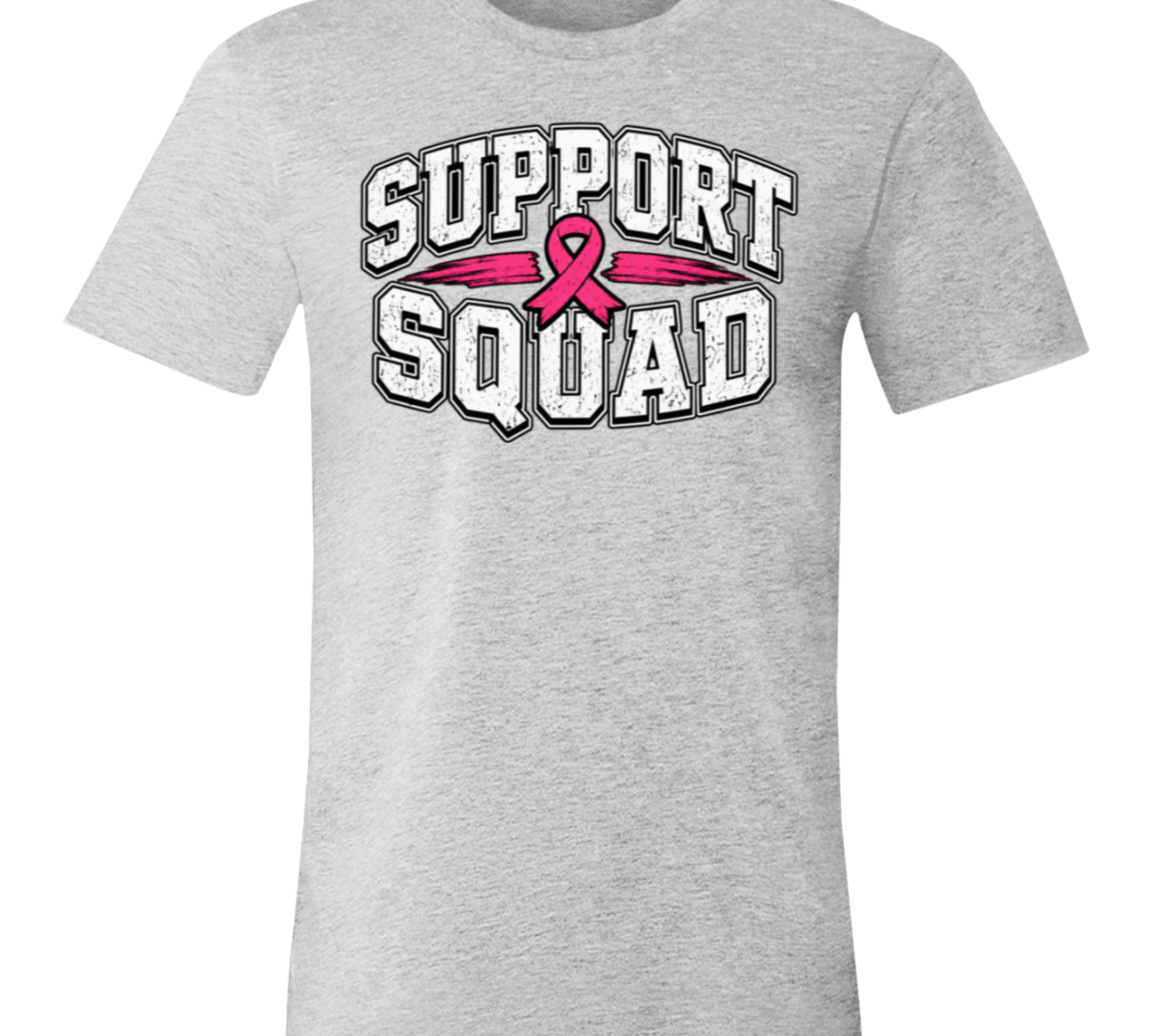 a grey t-shirt with the words, "Support Squad" in block letters with a pink ribbon.