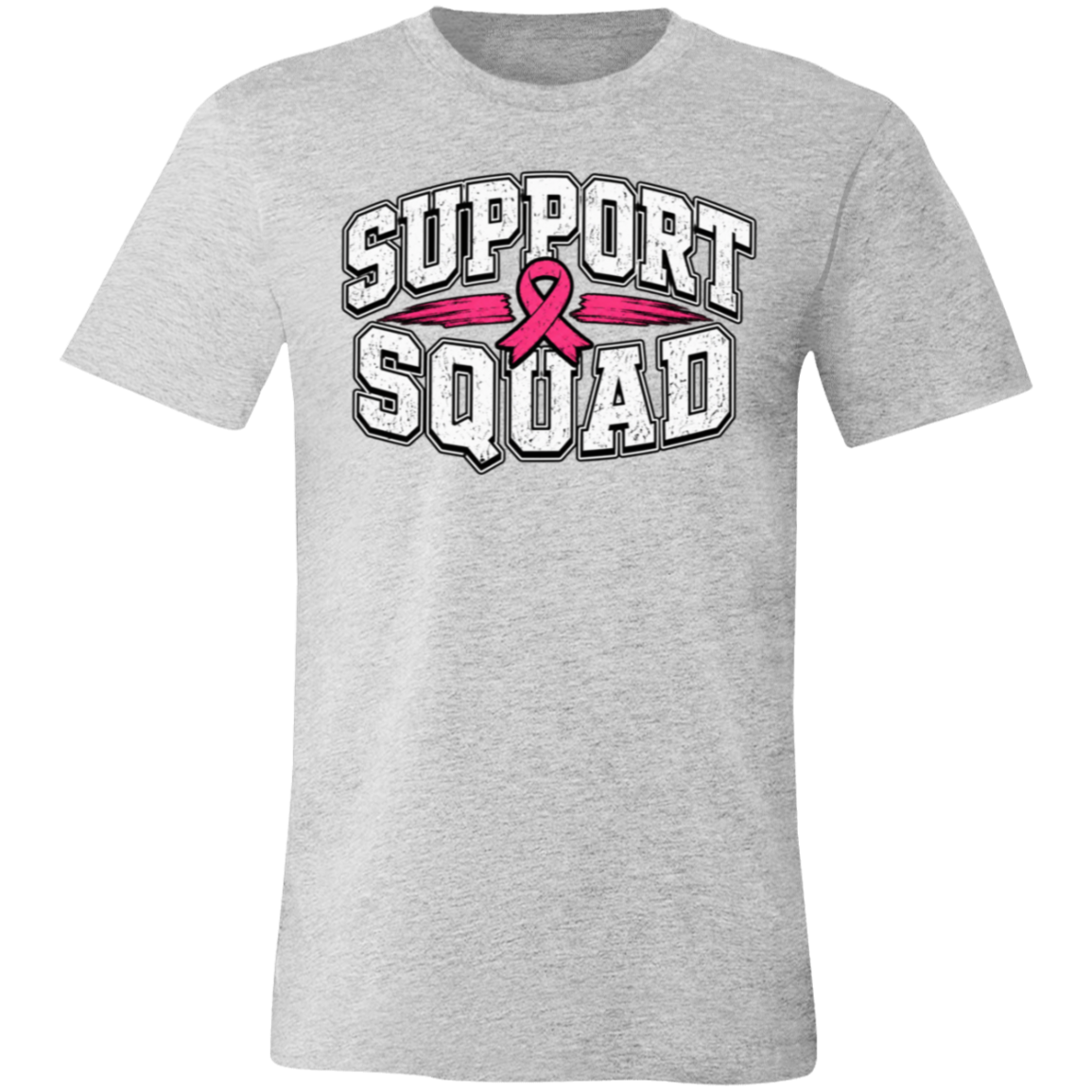 a grey t-shirt with the words, "Support Squad" in block letters with a pink ribbon.