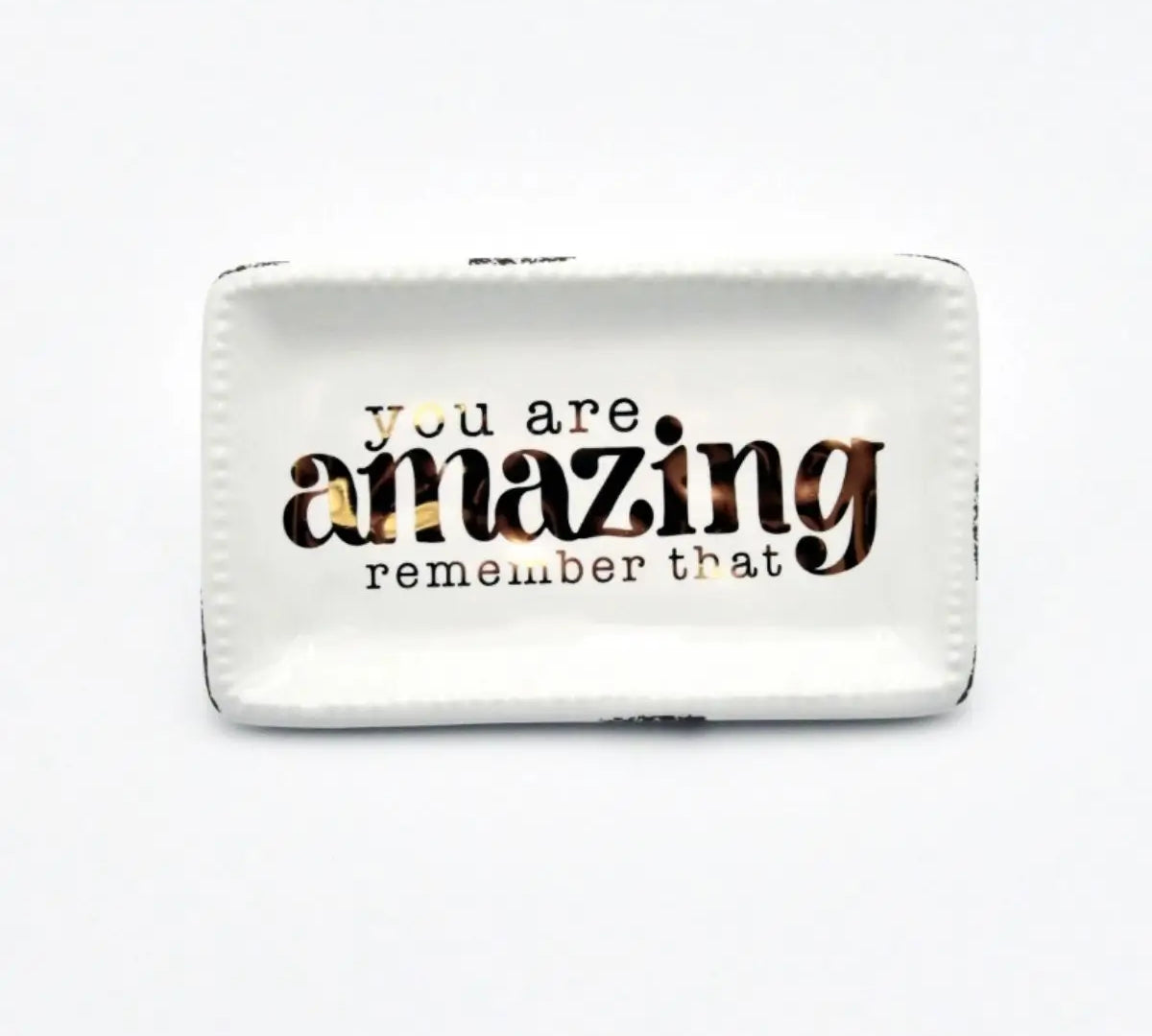 Amazing Remember That trinket tray in gold-embossed hand-painted ceramic, a 6 by 3.5 inch keepsake dish for keys, coins, and jewelry.