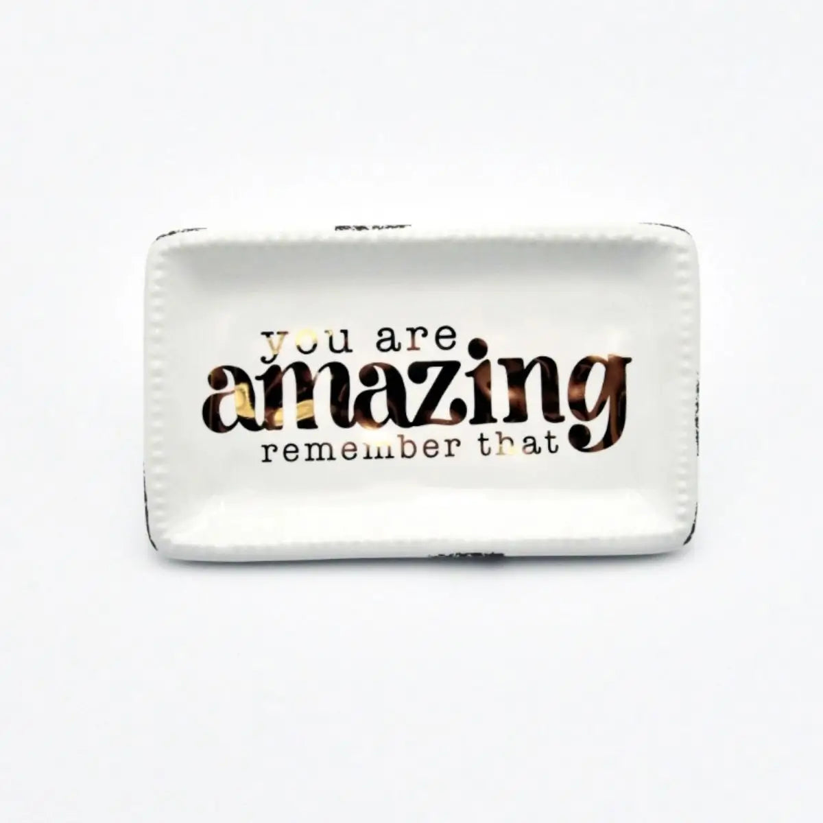 Amazing Remember That trinket tray in gold-embossed hand-painted ceramic, a 6 by 3.5 inch keepsake dish for keys, coins, and jewelry.