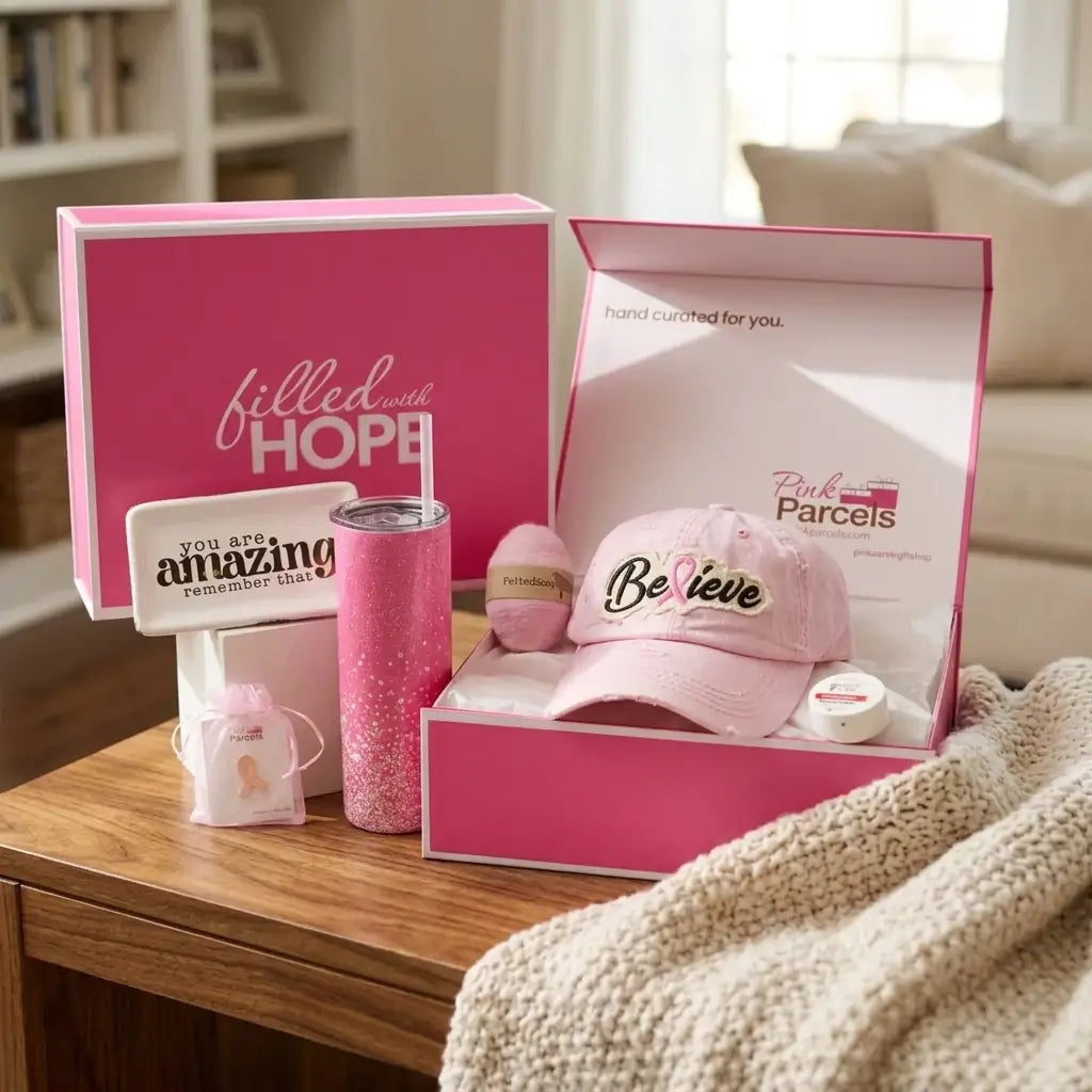 A pink gift box set on a wooden table by a blanket, containing a pink tumbler, a pink cap with 'Believe' text, a small boxed item, and a matching pink box lid that reads 'filled with HOPE'.