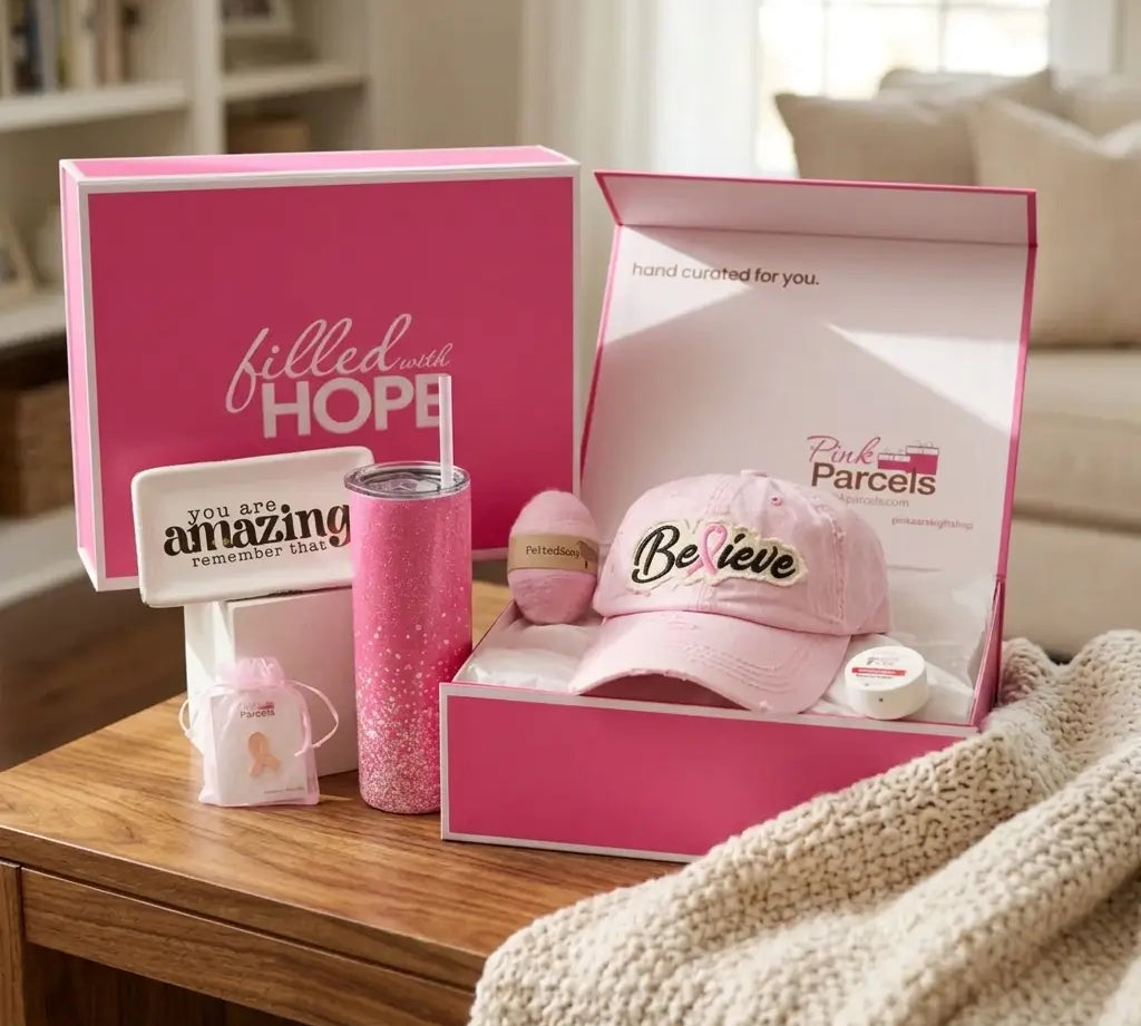 A pink gift box set on a wooden table by a blanket, containing a pink tumbler, a pink cap with 'Believe' text, a small boxed item, and a matching pink box lid that reads 'filled with HOPE'.