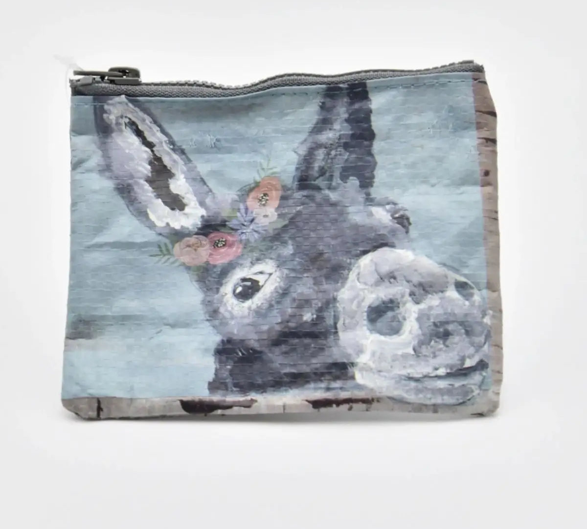 Donkey zipper wallet with a hand-drawn donkey in a floral headband.