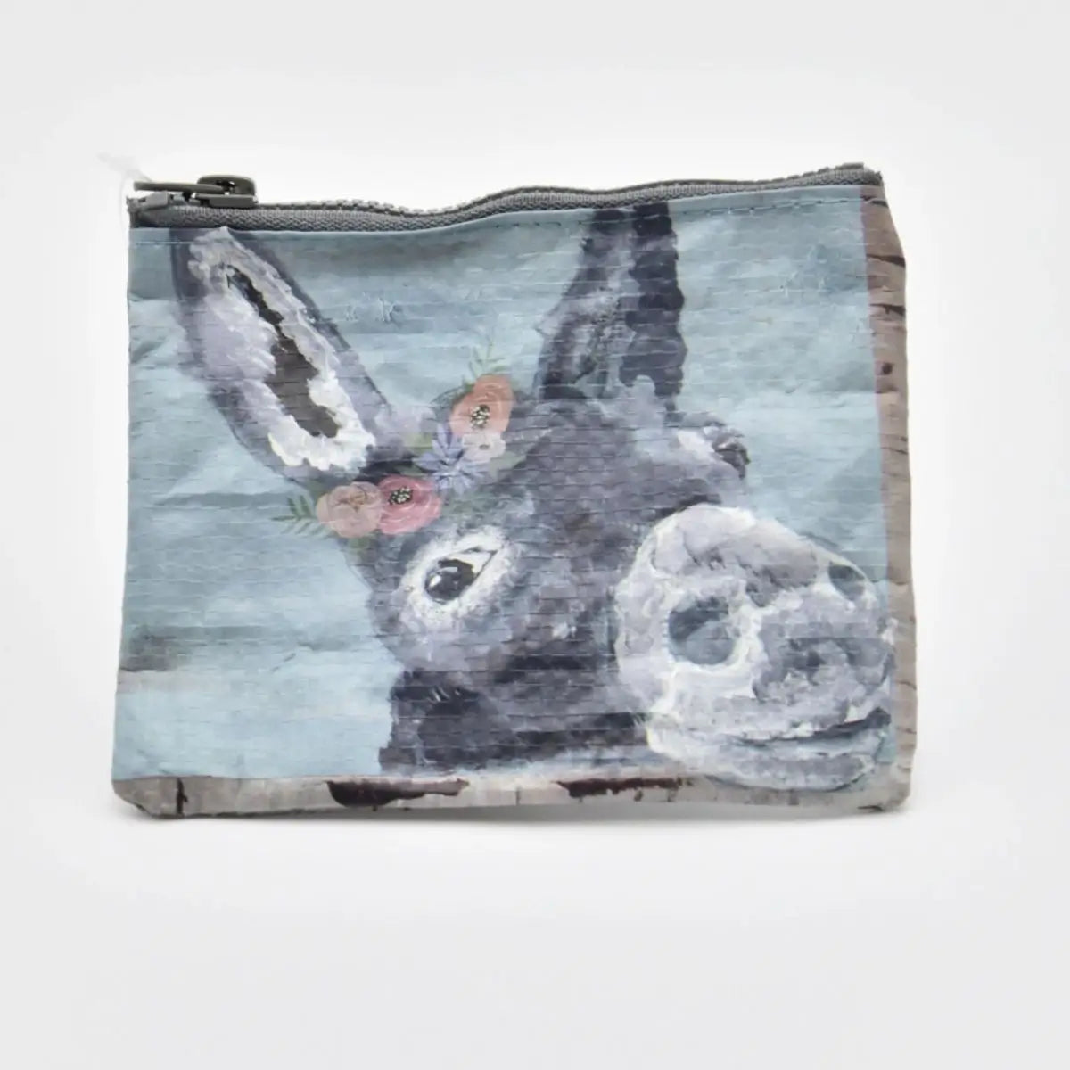 Donkey zipper wallet with a hand-drawn donkey in a floral headband.