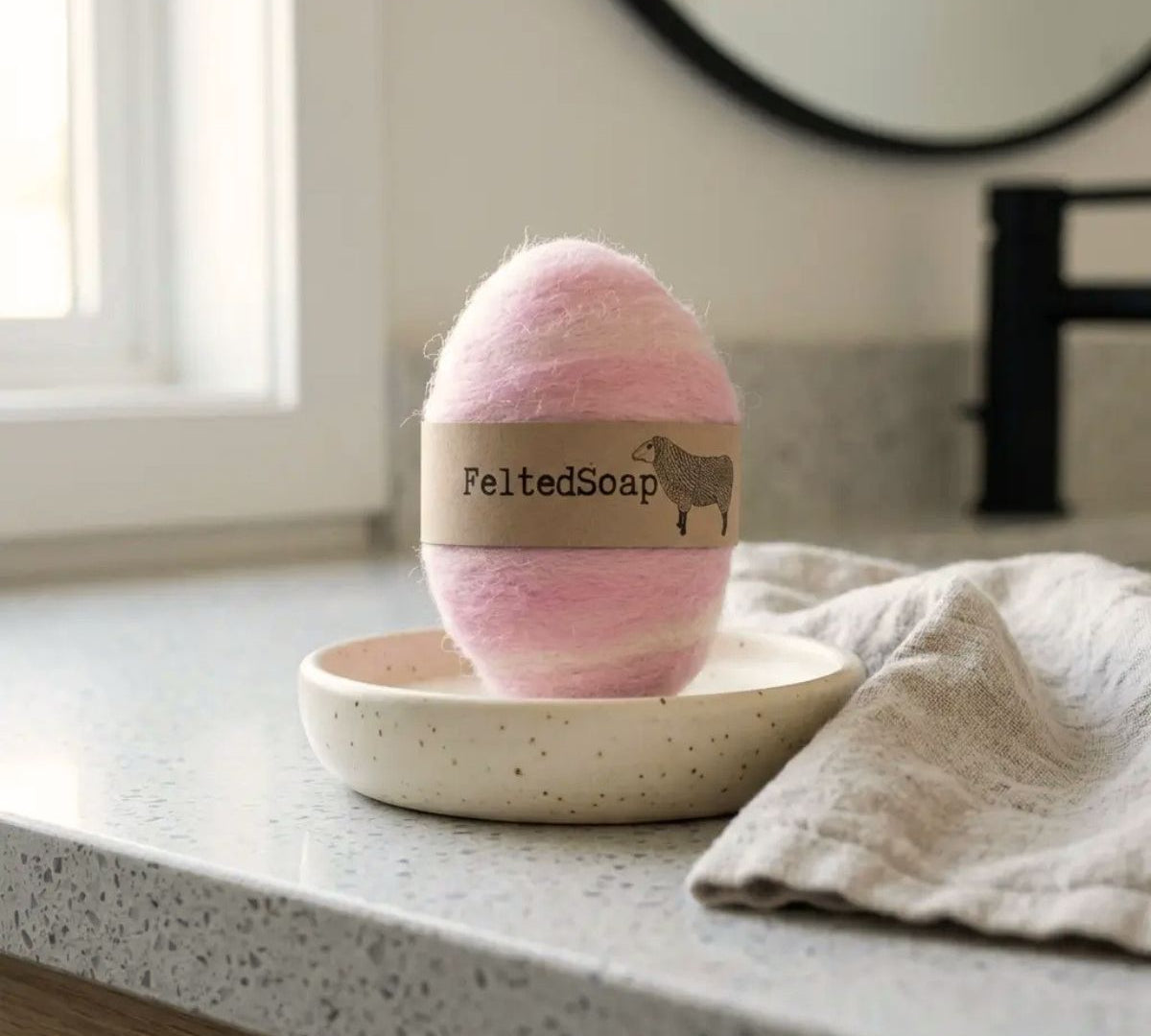 A pink and white variegated felted soap bar with a brown paper band labeled 'FeltedSoap' sits on a speckled ceramic dish on a bathroom counter next to a linen towel.