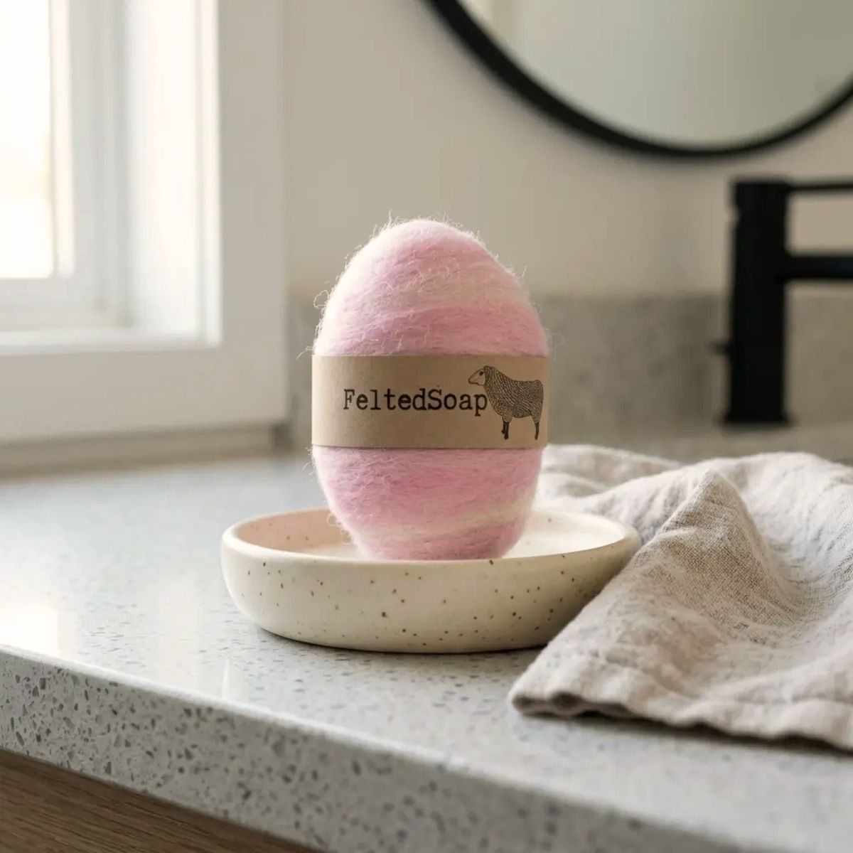 A pink and white variegated felted soap bar with a brown paper band labeled 'FeltedSoap' sits on a speckled ceramic dish on a bathroom counter next to a linen towel.