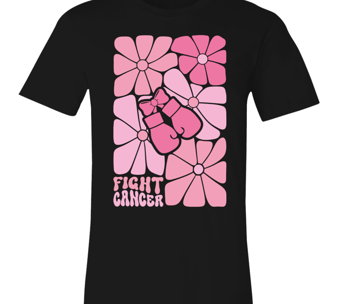graphic tshirt wiht boho flowers and boxing gloves with the words, "fight cancer".