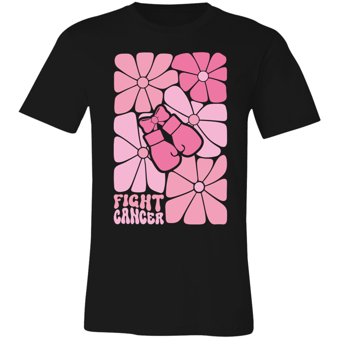 graphic tshirt wiht boho flowers and boxing gloves with the words, "fight cancer".