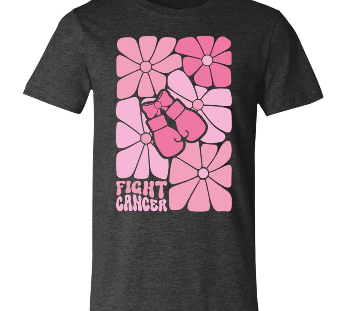 graphic tshirt wiht boho flowers and boxing gloves with the words, "fight cancer".