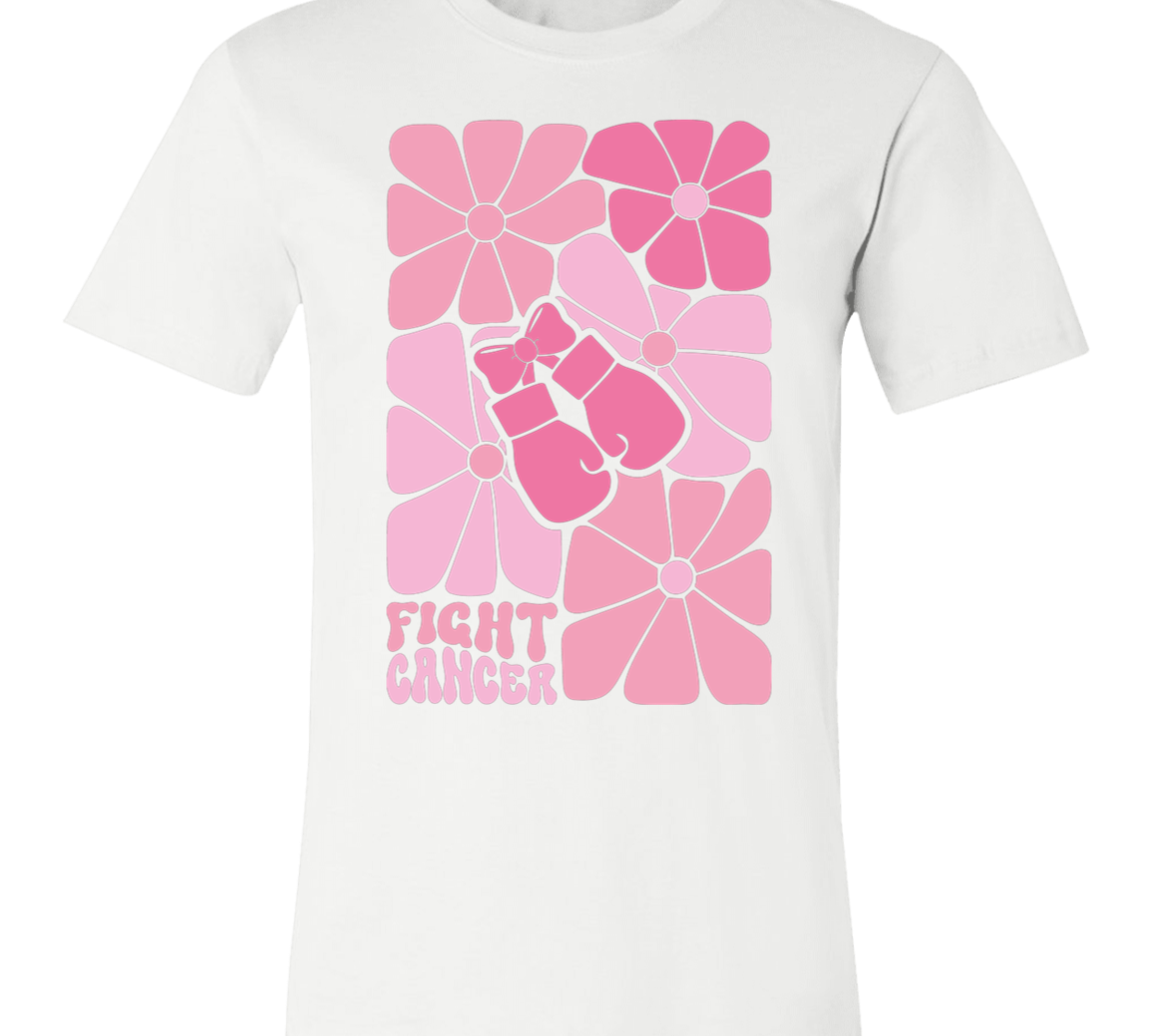 graphic tshirt wiht boho flowers and boxing gloves with the words, "fight cancer".