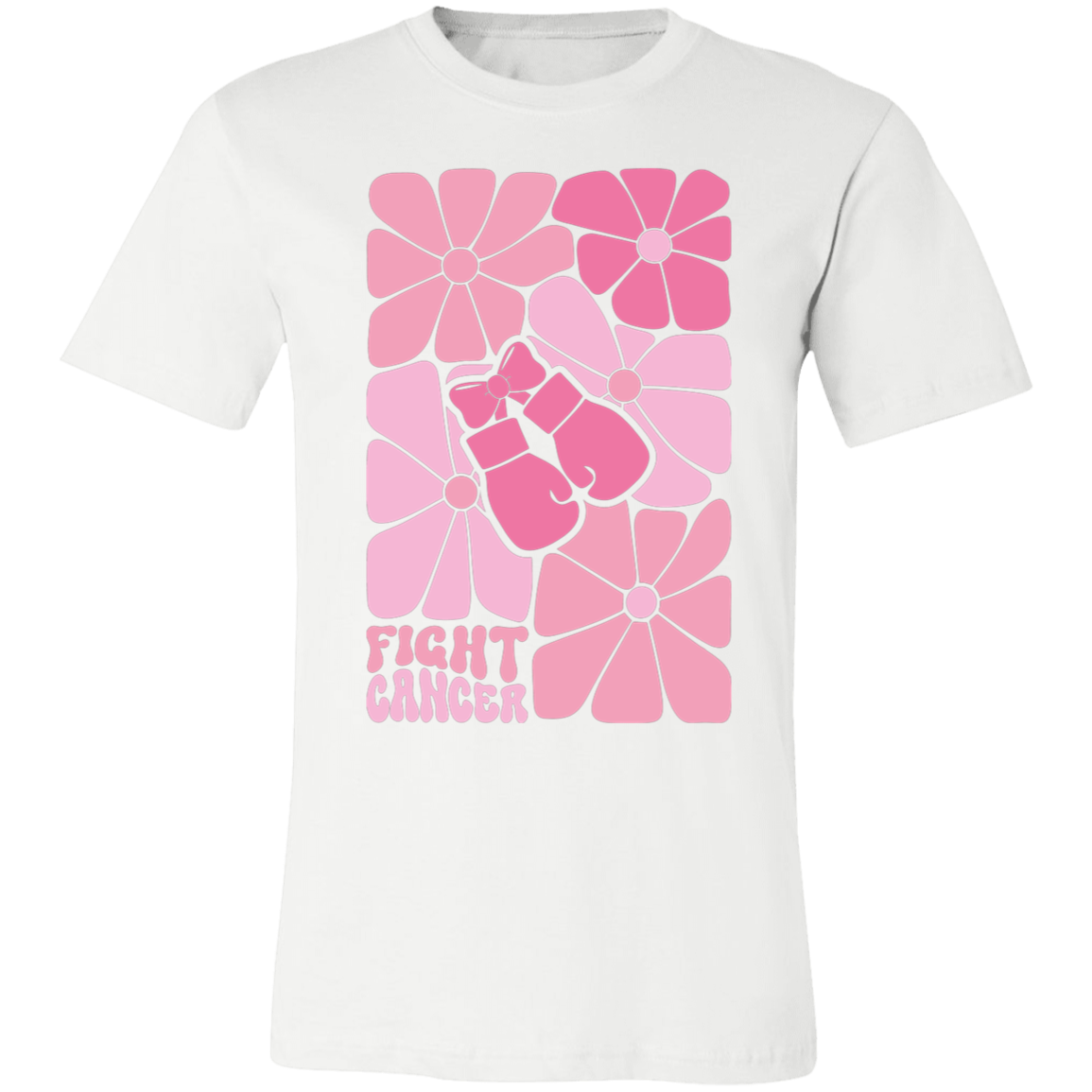 graphic tshirt wiht boho flowers and boxing gloves with the words, "fight cancer".