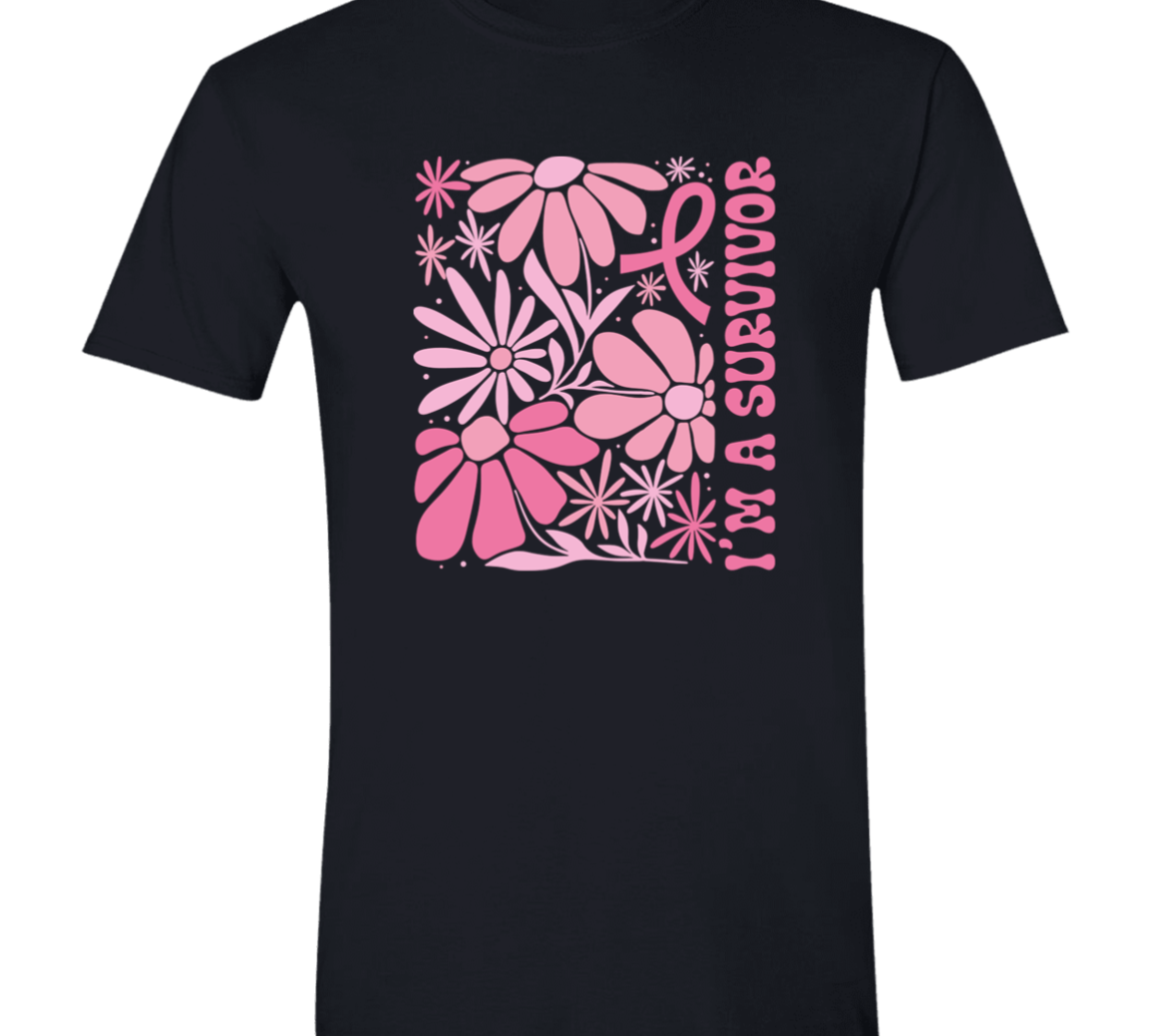 black short-sleeve T-shirt with a pink floral graphic and the words 'I'M A SURVIVOR' on the front.