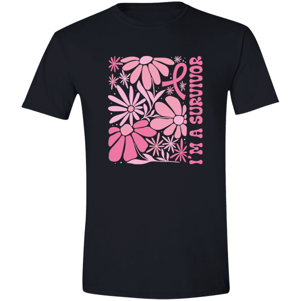 black short-sleeve T-shirt with a pink floral graphic and the words 'I'M A SURVIVOR' on the front.