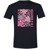 black short-sleeve T-shirt with a pink floral graphic and the words 'I'M A SURVIVOR' on the front.