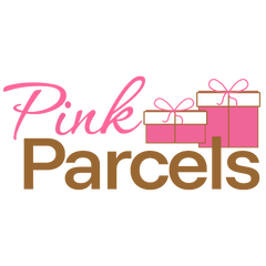 A logo-style graphic reading 'Pink Parcels' with pink script text, brown serif text, and two pink gift boxes with white wrapping paper and bows on a light gray background.
