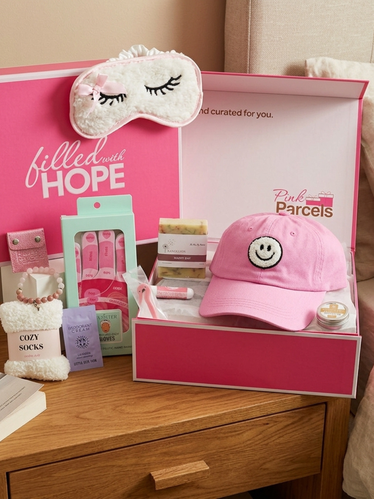 A curated gift box set from Pink Parcels displayed on a wooden nightstand. The open pink box contains a pink baseball cap with a smiley face, a plush eye mask, soap bar, a bracelet, and socks.