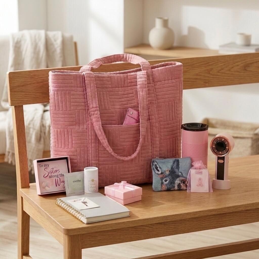 A pink quilted fabric tote bag sits on a wooden bench with several coordinated pink lifestyle items arranged around it, including a notebook, small box, handheld fan, tumbler, and a small pouch, in a softly lit indoor setting.