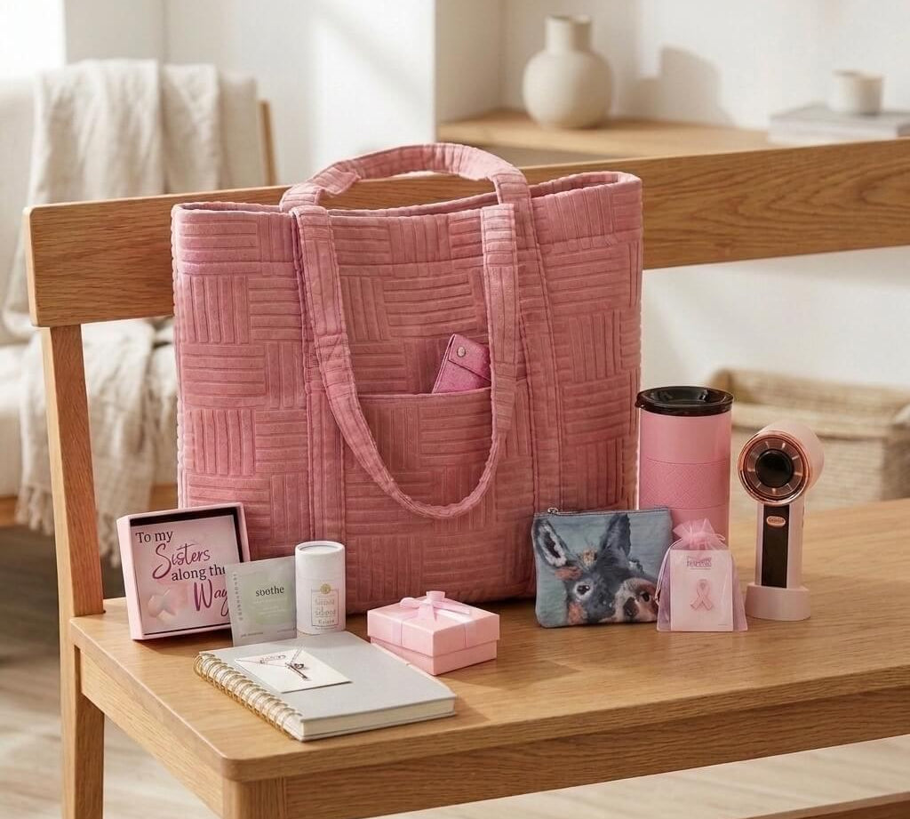 A pink quilted fabric tote bag sits on a wooden bench with several coordinated pink lifestyle items arranged around it, including a notebook, small box, handheld fan, tumbler, and a small pouch, in a softly lit indoor setting.