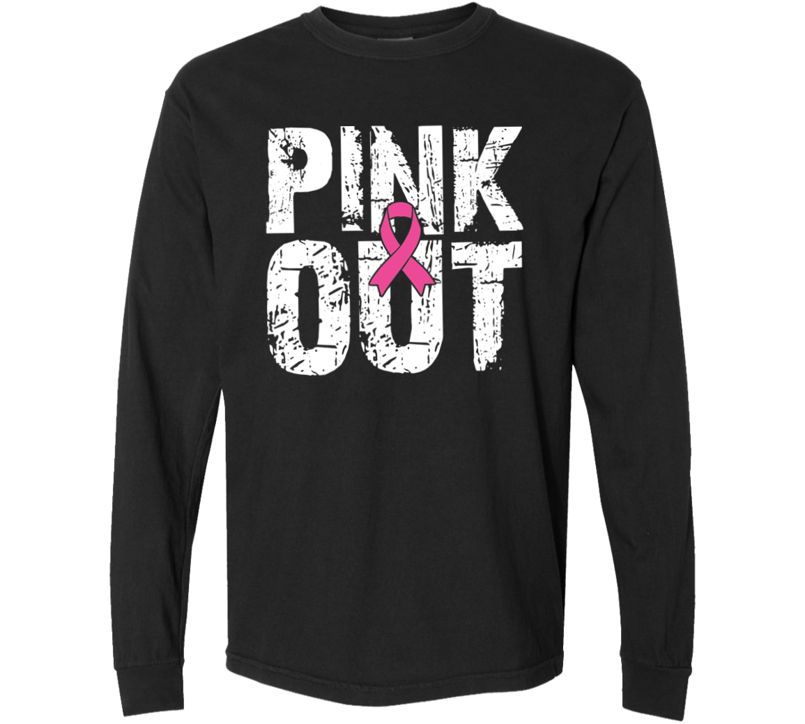 long sleeve black t-shirt with a distressed graphic that says, "Pink Out" in white letters.