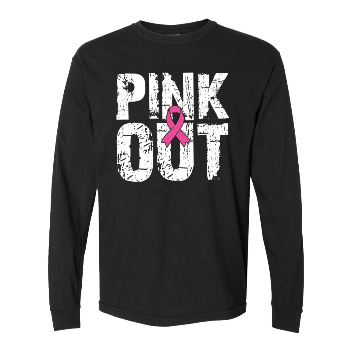 long sleeve black t-shirt with a distressed graphic that says, "Pink Out" in white letters.