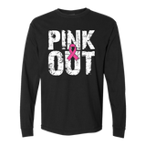long sleeve black t-shirt with a distressed graphic that says, "Pink Out" in white letters.