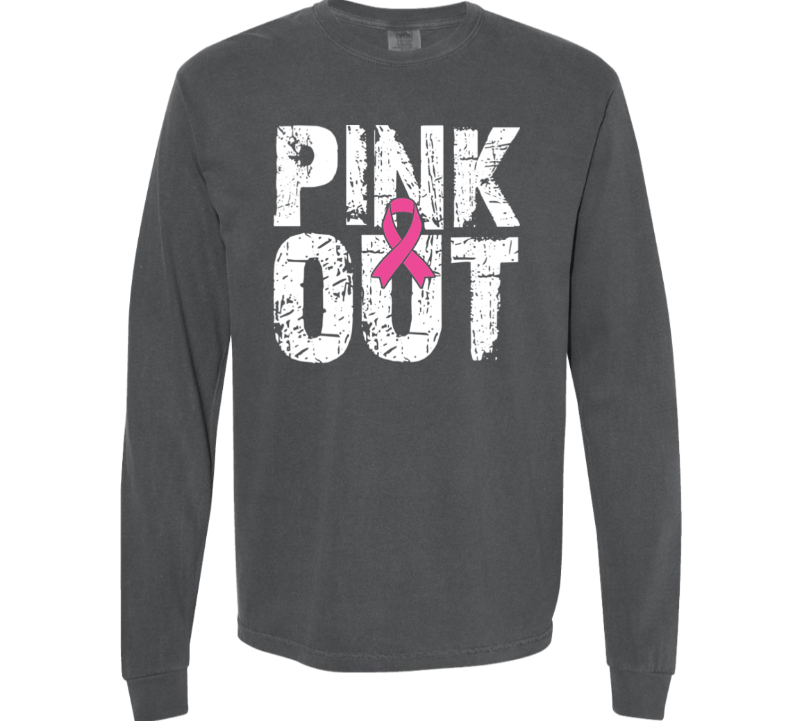 long sleeve grey t-shirt with a distressed graphic that says, "Pink Out" in white letters.