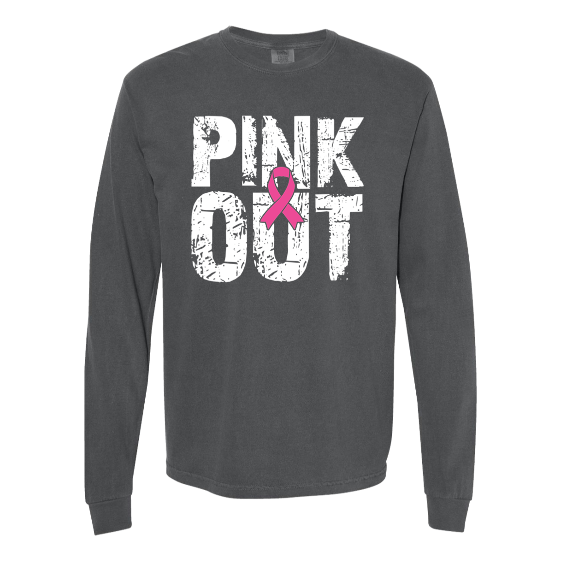 long sleeve grey t-shirt with a distressed graphic that says, "Pink Out" in white letters.