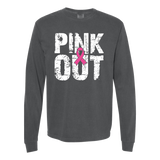 long sleeve grey t-shirt with a distressed graphic that says, "Pink Out" in white letters.