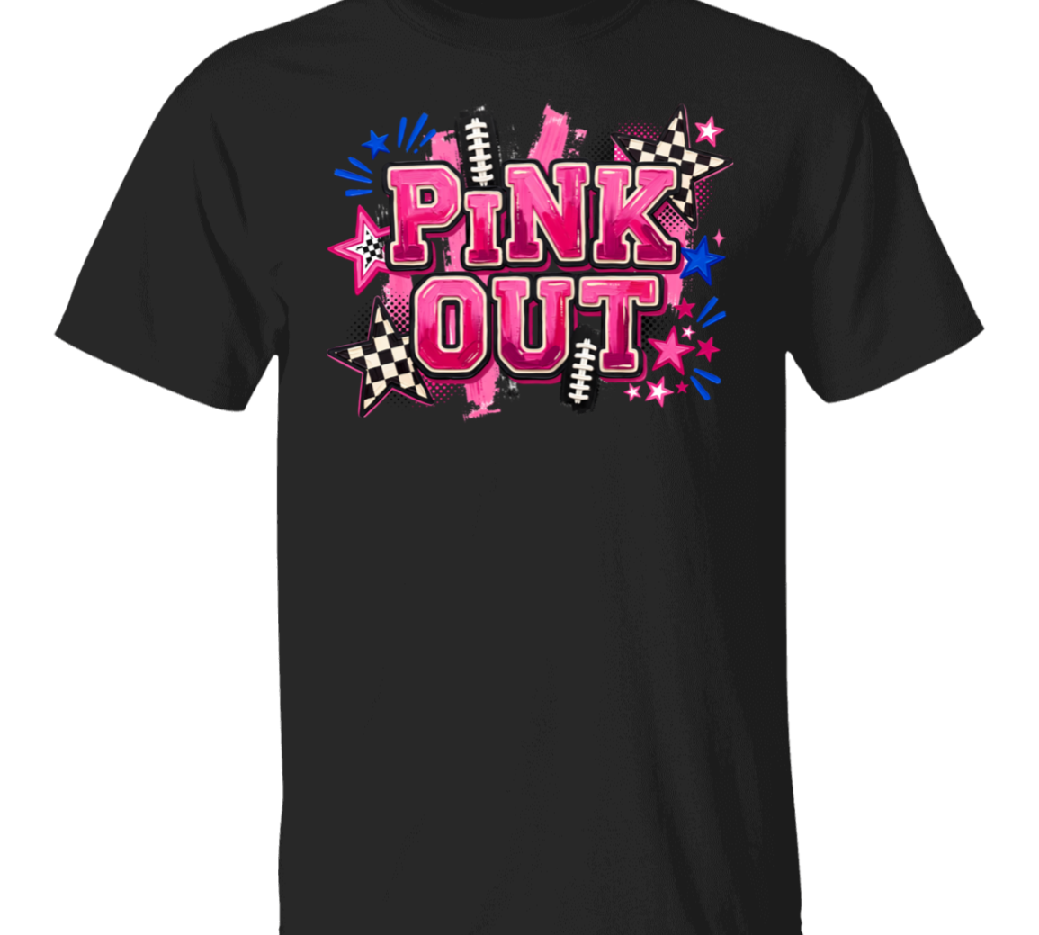 a black graphic t-shirt with a 'PINK OUT' design in painted letters