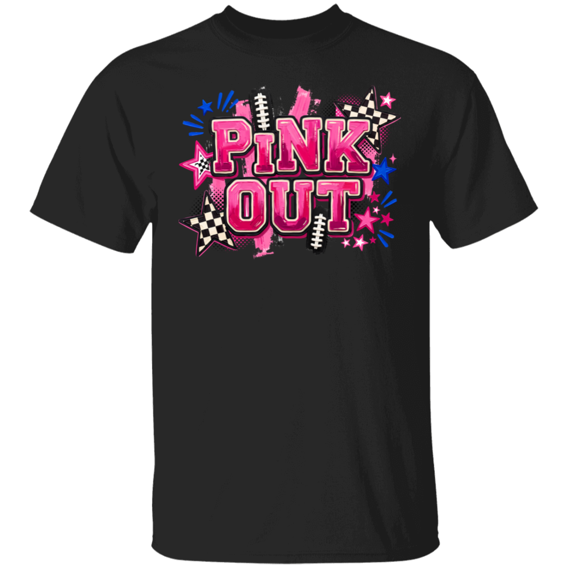 a black graphic t-shirt with a 'PINK OUT' design in painted letters