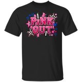 a black graphic t-shirt with a 'PINK OUT' design in painted letters