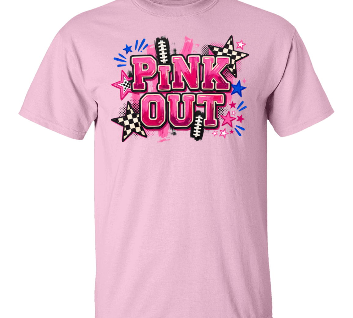 a pink graphic t-shirt with a 'PINK OUT' design in painted letters