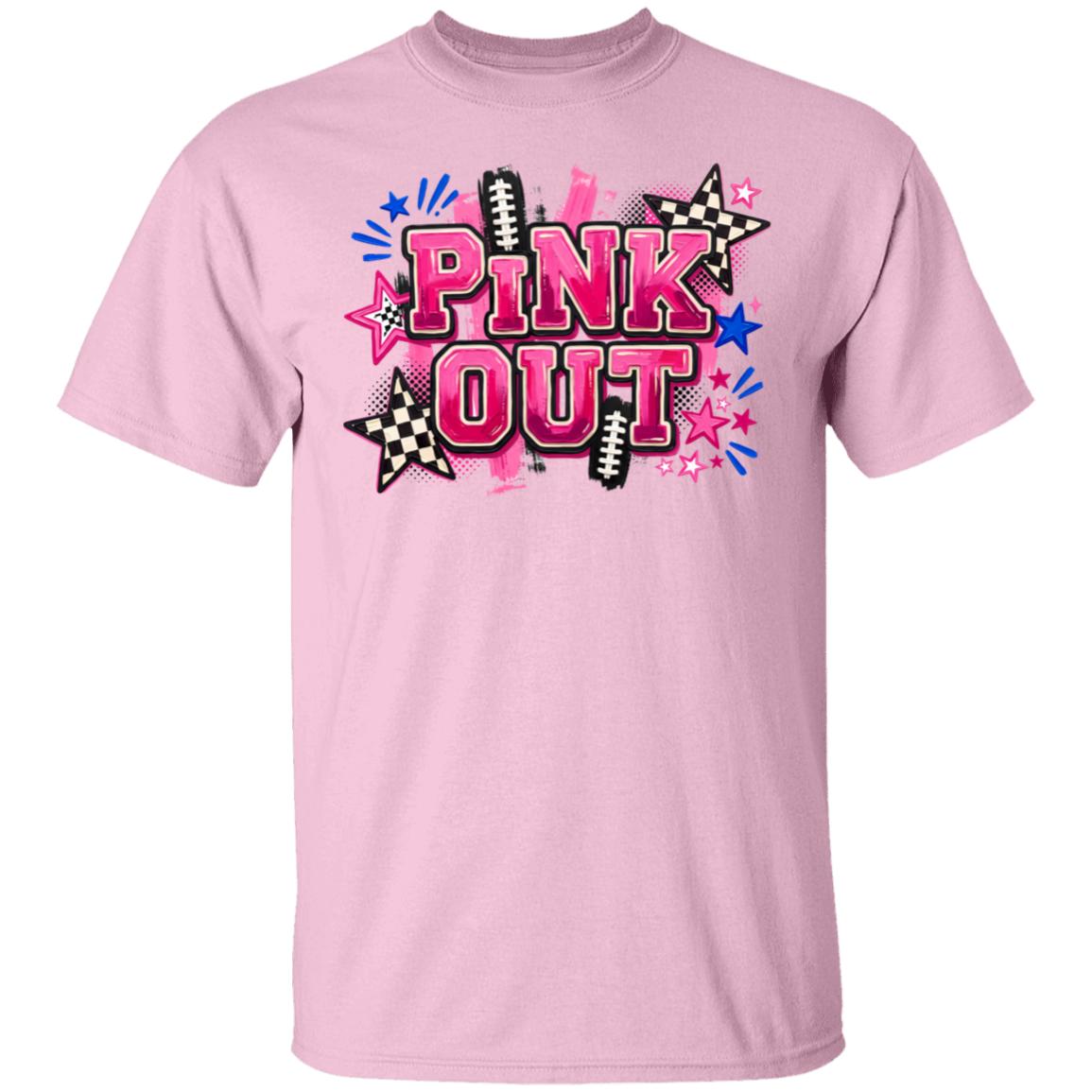 a pink graphic t-shirt with a 'PINK OUT' design in painted letters
