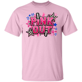 a pink graphic t-shirt with a 'PINK OUT' design in painted letters