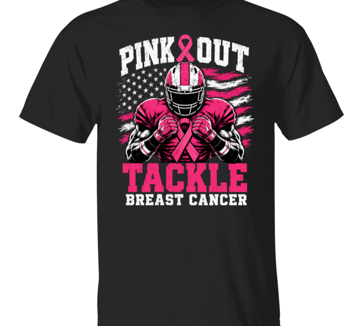 black tshirt with the words, "Pink Out Tackle Breast Cancer" and an image of a football player wearing a pink uniform.