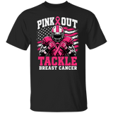 black tshirt with the words, "Pink Out Tackle Breast Cancer" and an image of a football player wearing a pink uniform.