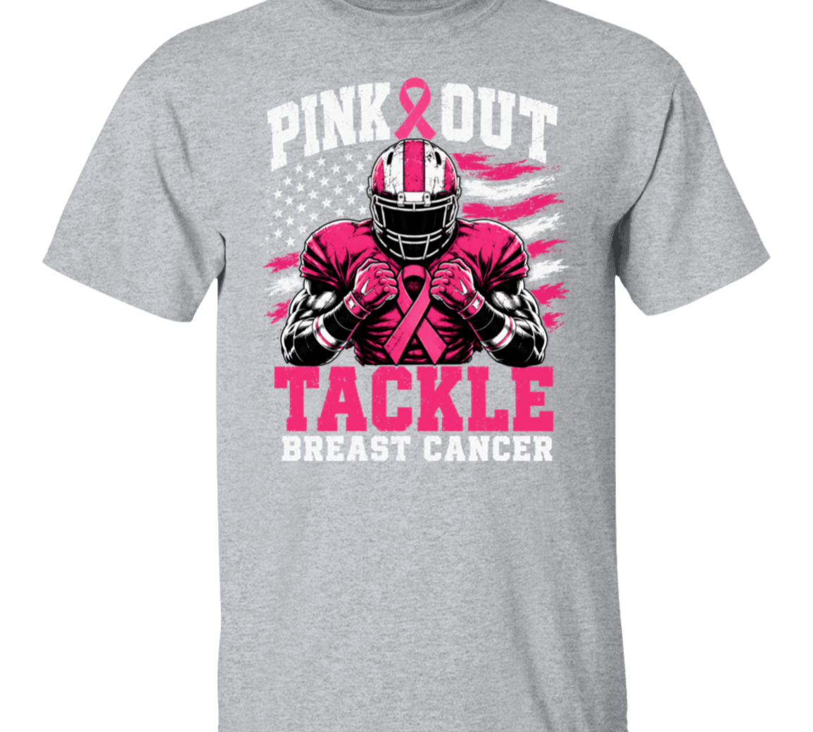 light grey heather tshirt with the words, "Pink Out Tackle Breast Cancer" and an image of a football player wearing a pink uniform.