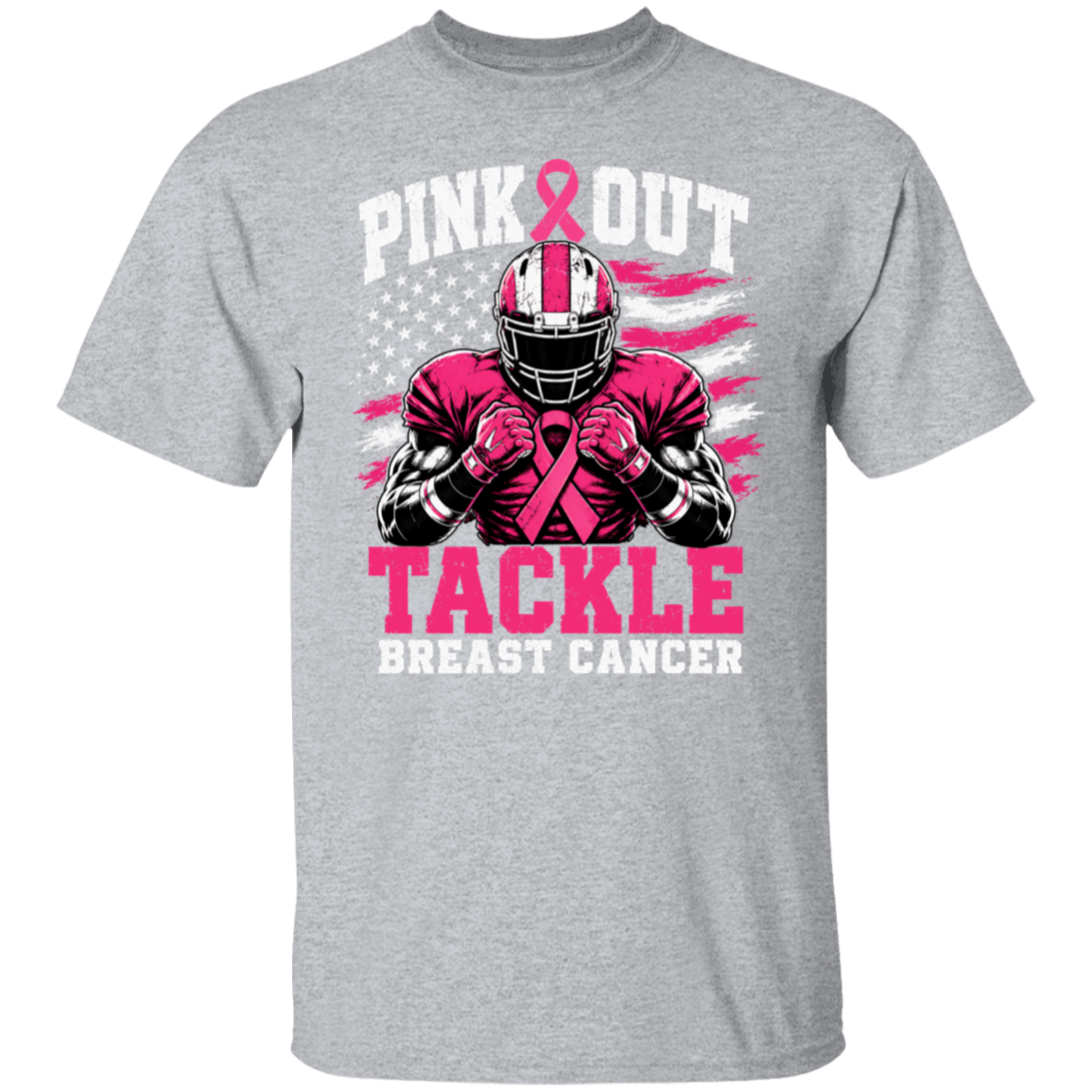 light grey heather tshirt with the words, "Pink Out Tackle Breast Cancer" and an image of a football player wearing a pink uniform.