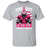 light grey heather tshirt with the words, "Pink Out Tackle Breast Cancer" and an image of a football player wearing a pink uniform.