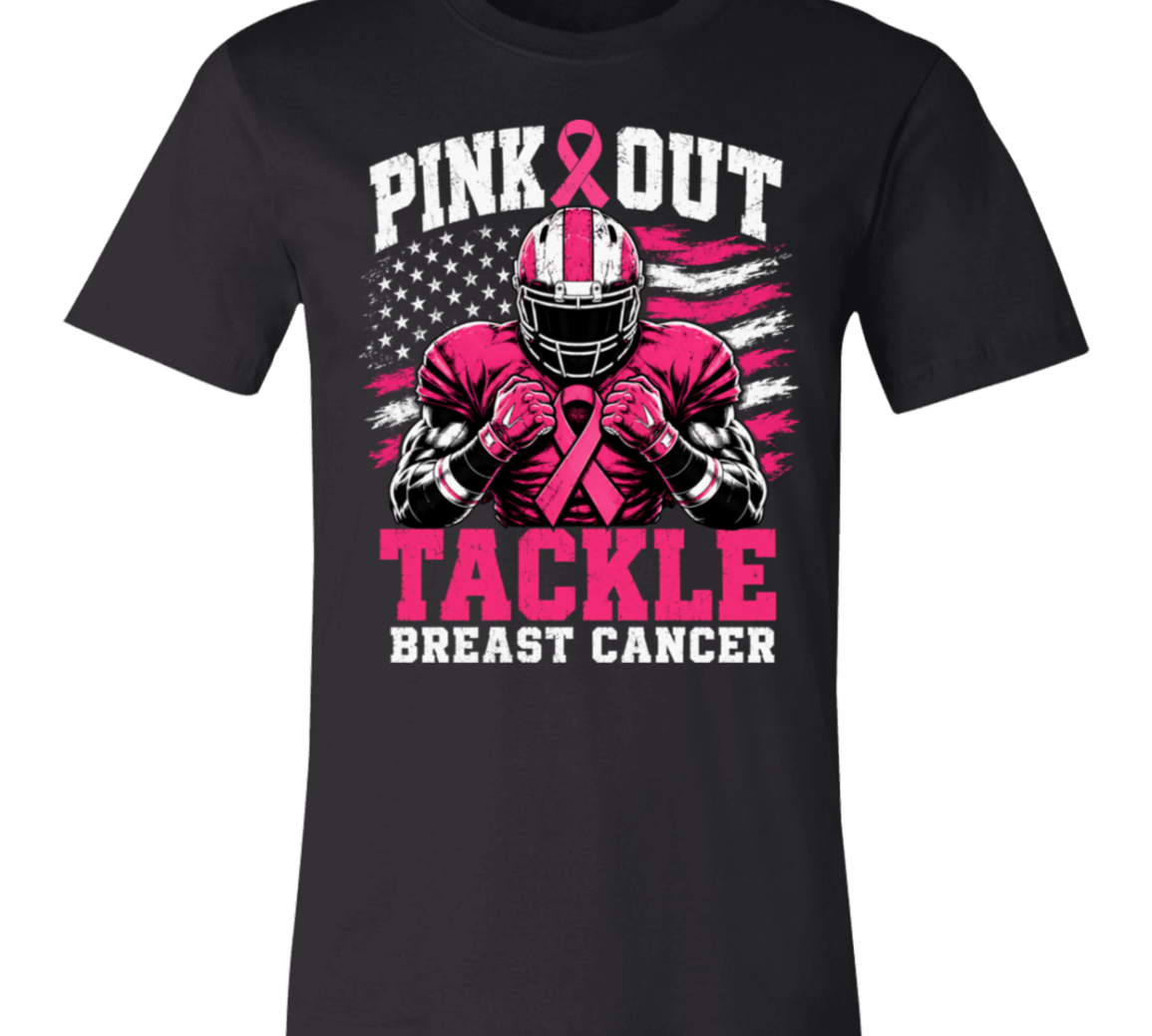 a black graphic t-shirt with a pink and white 'Pink Out Tackle Breast Cancer' football player design