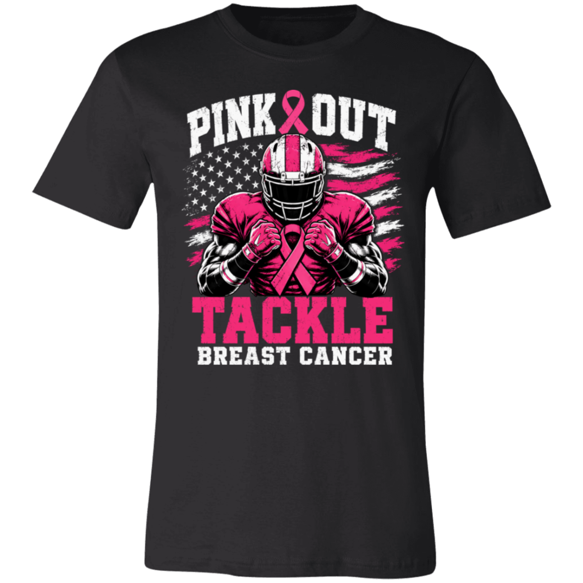 a black graphic t-shirt with a pink and white 'Pink Out Tackle Breast Cancer' football player design