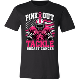 a black graphic t-shirt with a pink and white 'Pink Out Tackle Breast Cancer' football player design
