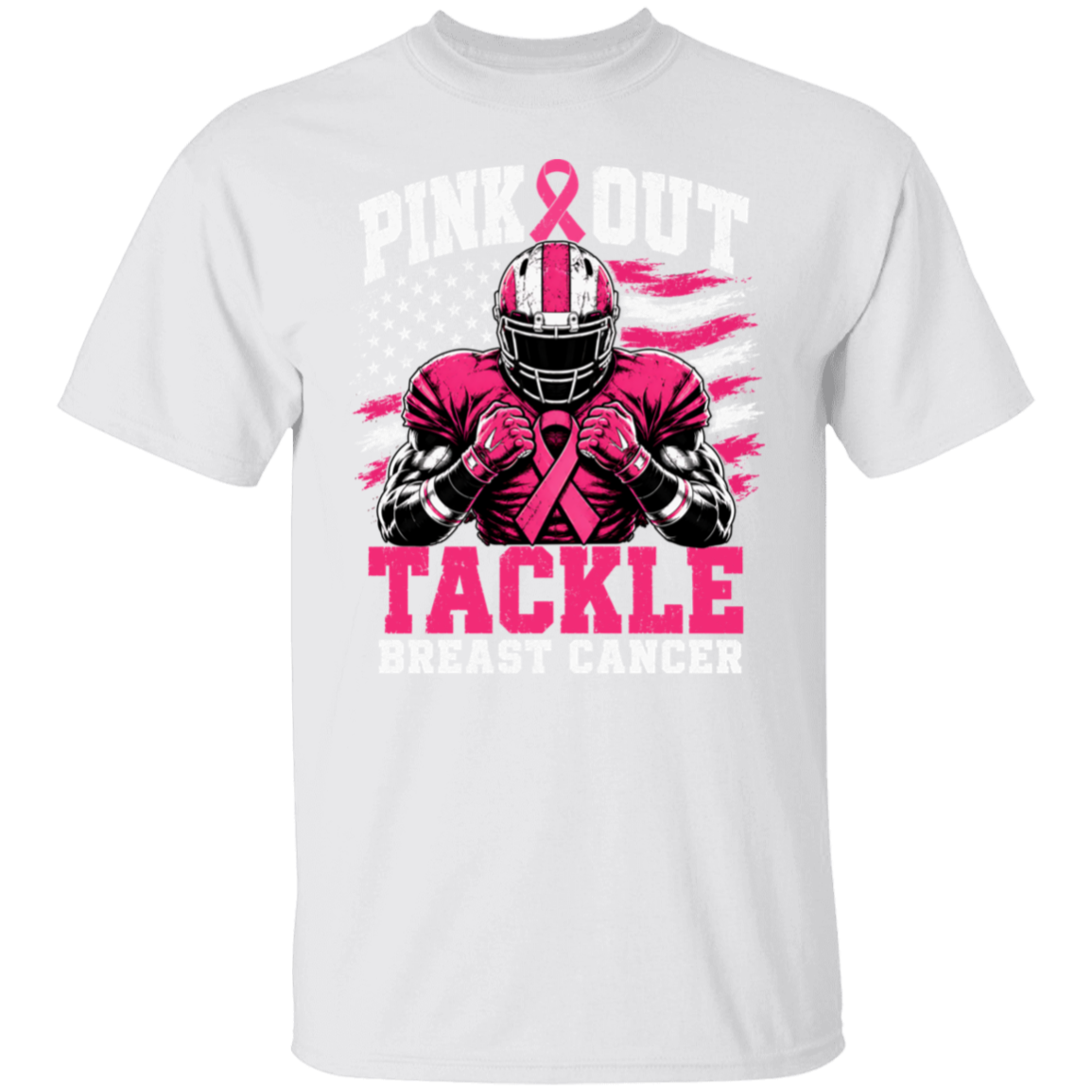 white tshirt with the words, "Pink Out Tackle Breast Cancer" and an image of a football player wearing a pink uniform.