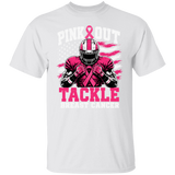white tshirt with the words, "Pink Out Tackle Breast Cancer" and an image of a football player wearing a pink uniform.