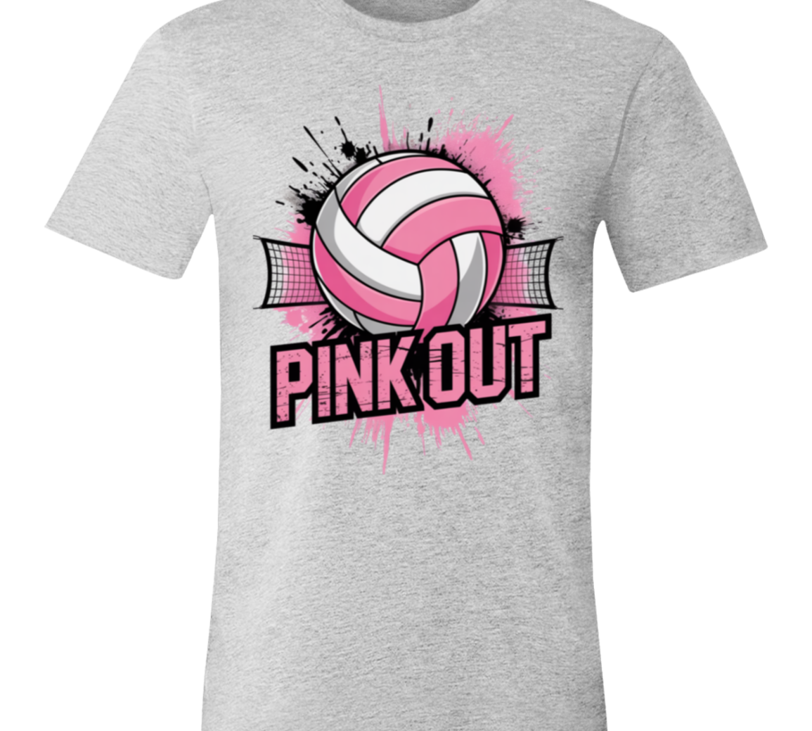 pink white graphic t-shirt with a pink and black 'PINK OUT' volleyball designout volleyball_net