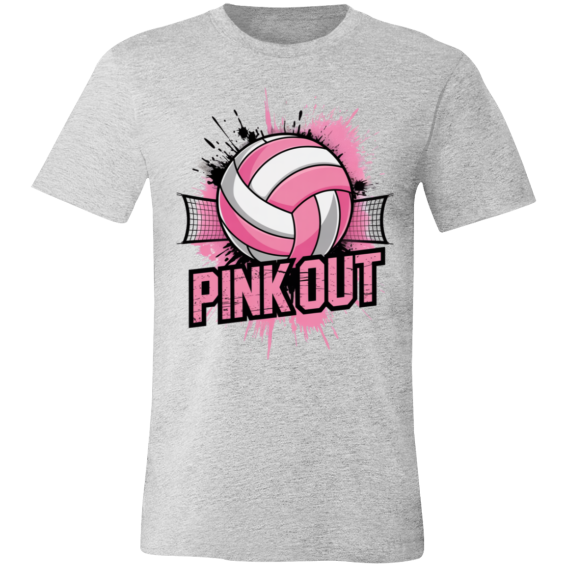 pink white graphic t-shirt with a pink and black 'PINK OUT' volleyball designout volleyball_net